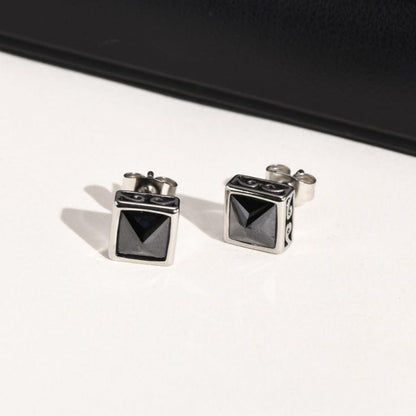 Boucles d'Oreilles Carrées – Acier & Pierre Noire