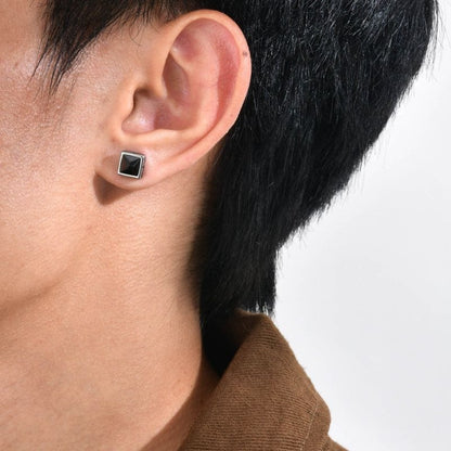 Boucles d'Oreilles Carrées – Acier & Pierre Noire