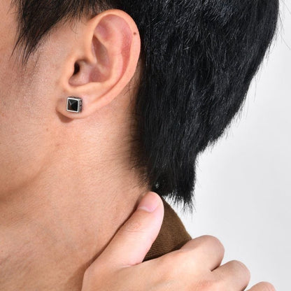 Boucles d'Oreilles Carrées – Acier & Pierre Noire