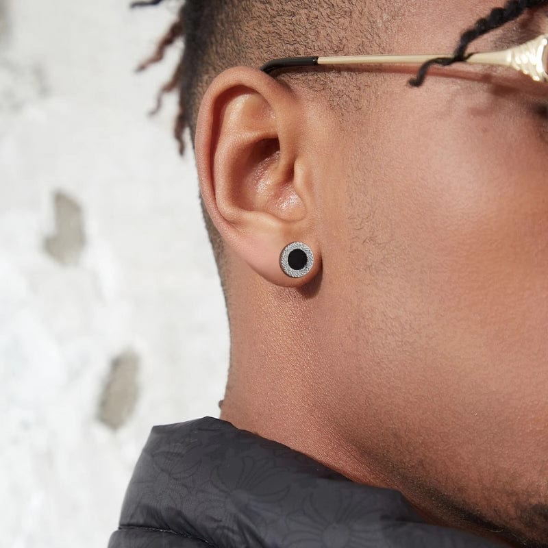 Boucles d’Oreilles Clous Homme Cercle Noir - Style Moderne Argenté