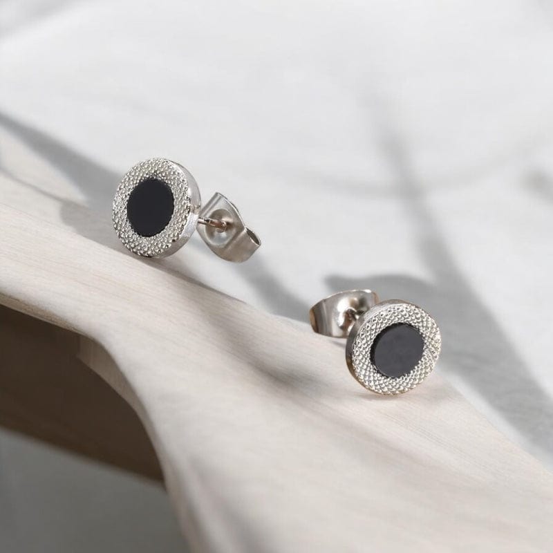 Boucles d’Oreilles Clous Homme Cercle Noir - Style Moderne Argenté