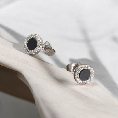 Boucles d’Oreilles Clous Homme Cercle Noir - Style Moderne Argenté