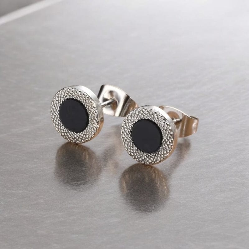Boucles d’Oreilles Clous Homme Cercle Noir - Style Moderne Argenté