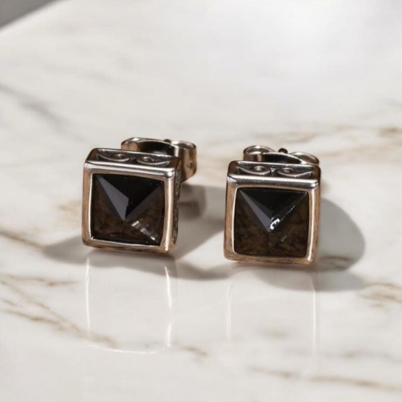 Boucles d'Oreilles Carrées – Acier & Pierre Noire