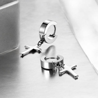 Boucles d'Oreilles Croix Pendante - Acier Inoxydable