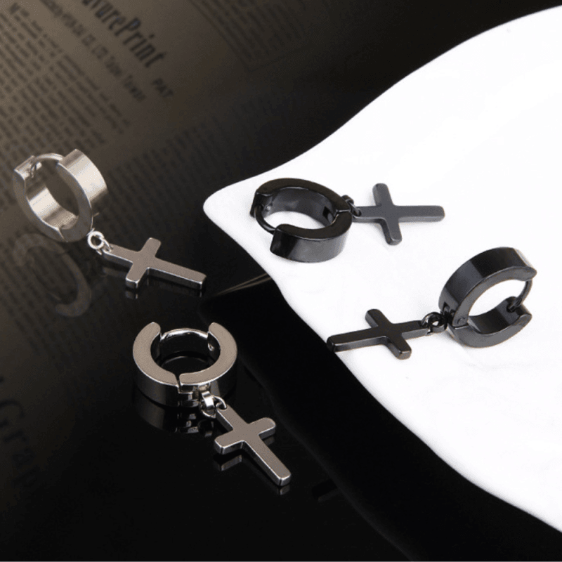 Boucles d'Oreilles Croix Pendante - Acier Inoxydable