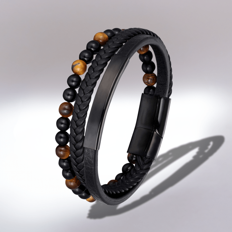 Bracelet en Cuir Noir et Perles