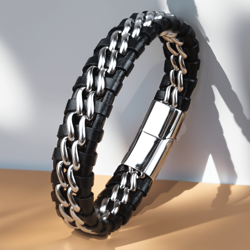 Bracelet en cuir tressé et acier inoxydable