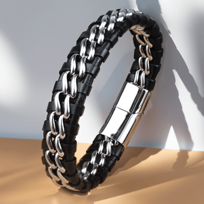 Bracelet en cuir tressé et acier inoxydable