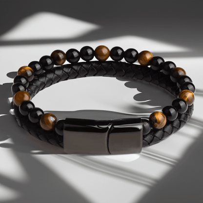 Bracelet en Cuir Tressé et Perles Naturelles