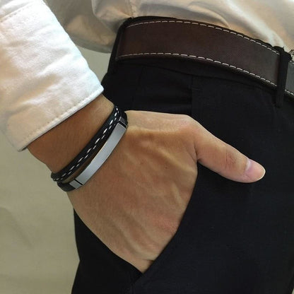 Bracelet Cuir et Acier Personnalisé Homme - Gravure Offerte