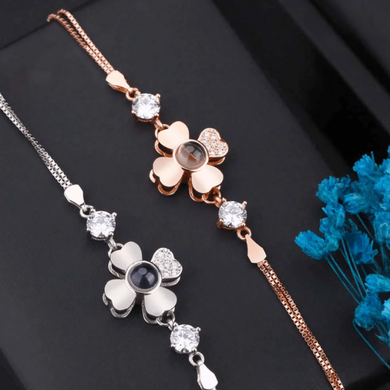 Bracelet photo personnalisé fleur en argent