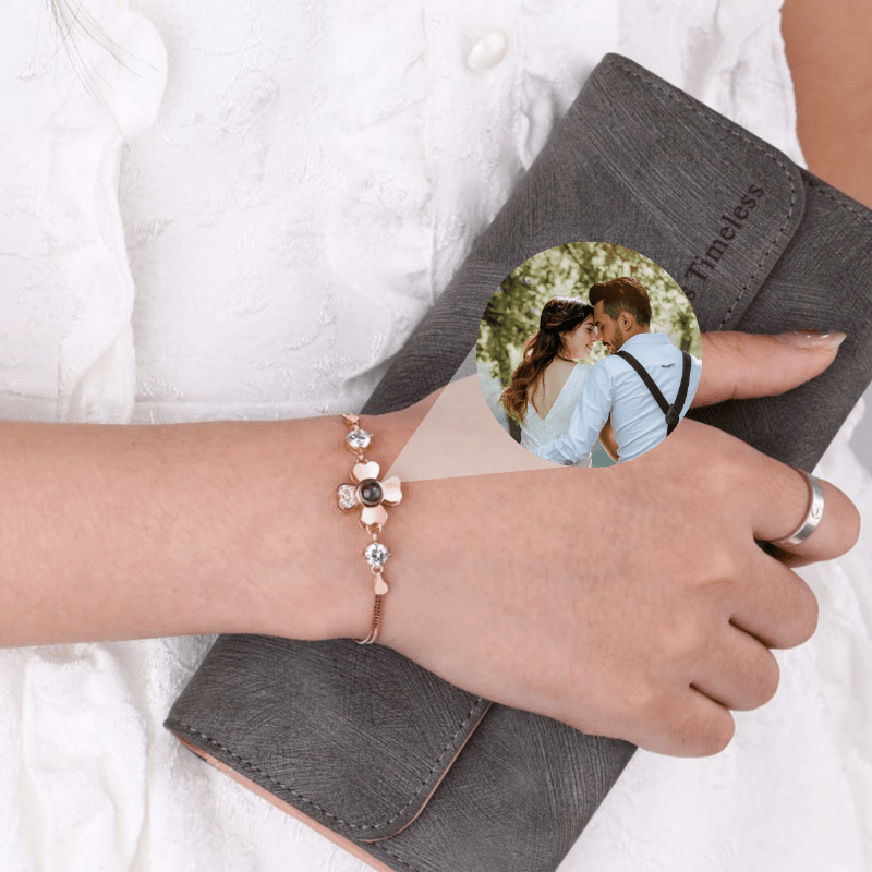 Bracelet photo personnalisé fleur en argent