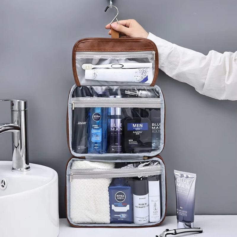 Trousse de toilette homme suspendue en cuir – Organisation et praticité