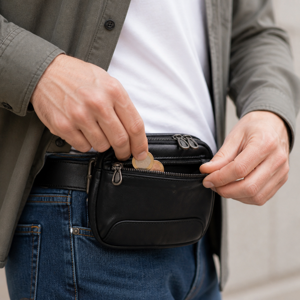 Banane Porte Monnaie Homme en Cuir Véritable Noir