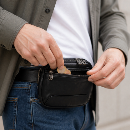 Banane Porte Monnaie Homme en Cuir Véritable Noir