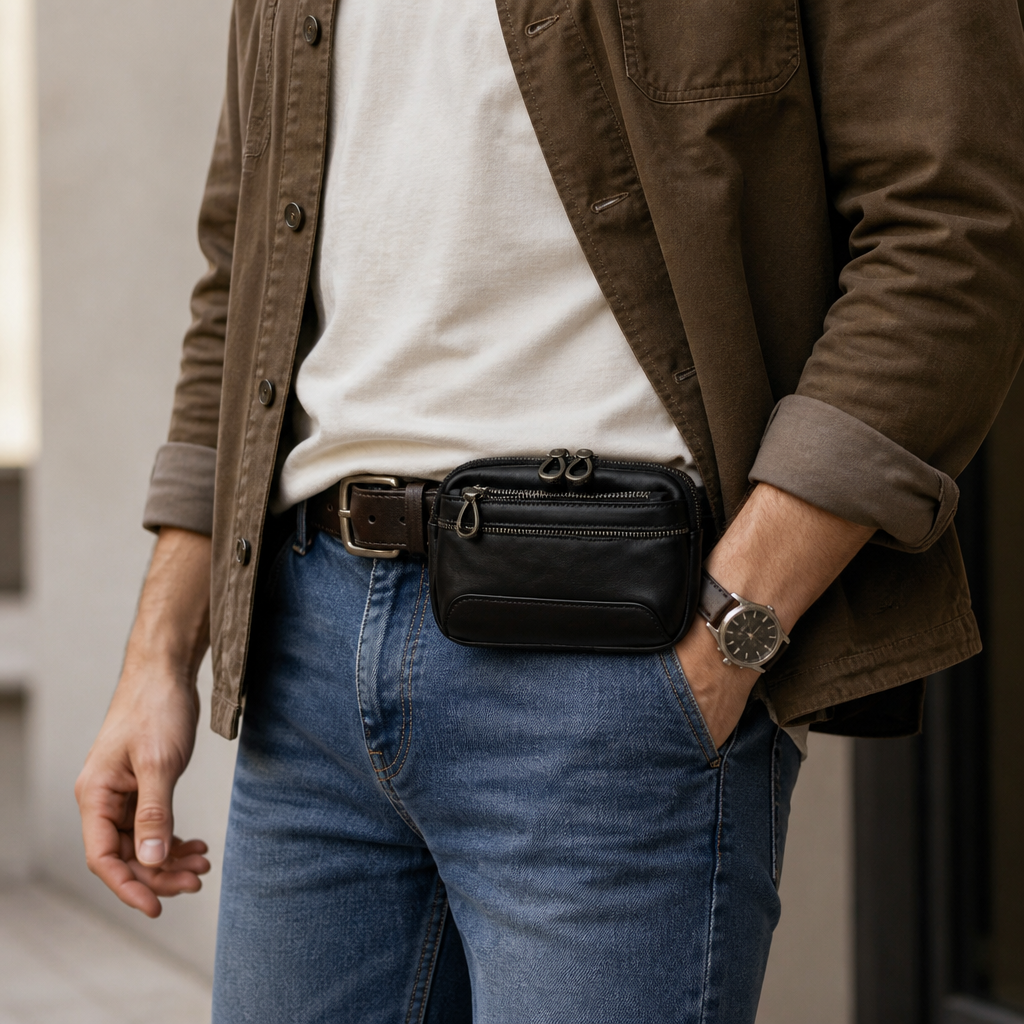 Banane Porte Monnaie Homme en Cuir Véritable Noir