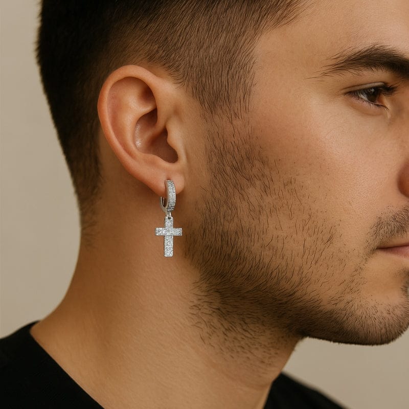 Boucles d'Oreilles Croix Homme - Diamant Pendantes Or et Argent