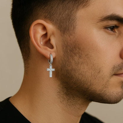 Boucles d'Oreilles Croix Homme - Diamant Pendantes Or et Argent