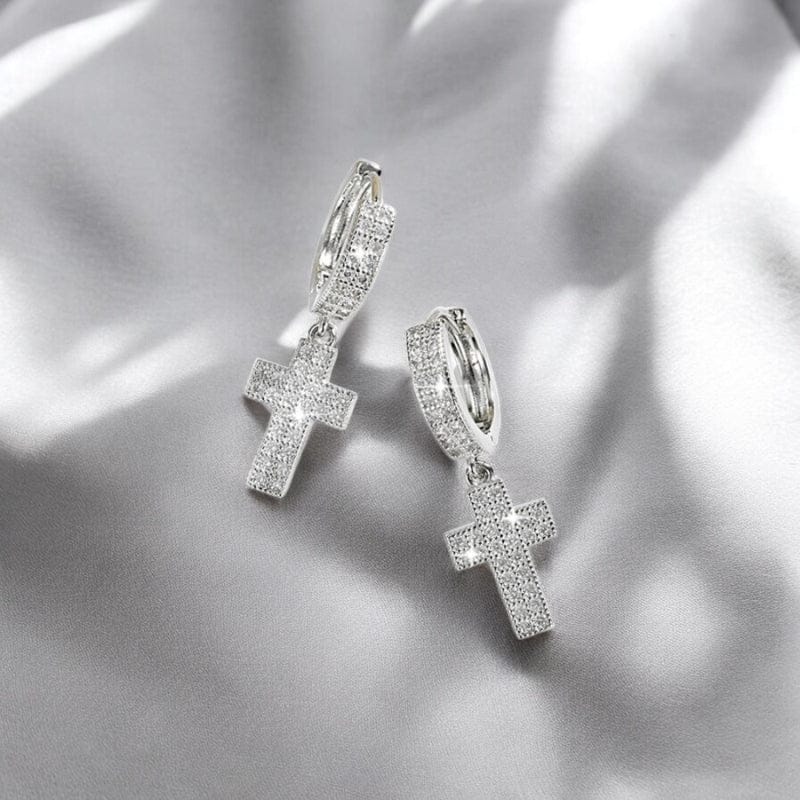 Boucles d'Oreilles Croix Homme - Diamant Pendantes Or et Argent