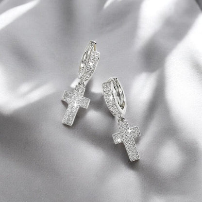 Boucles d'Oreilles Croix Homme - Diamant Pendantes Or et Argent