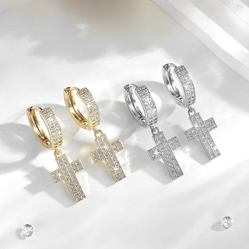 Boucles d'Oreilles Croix Homme - Diamant Pendantes Or et Argent