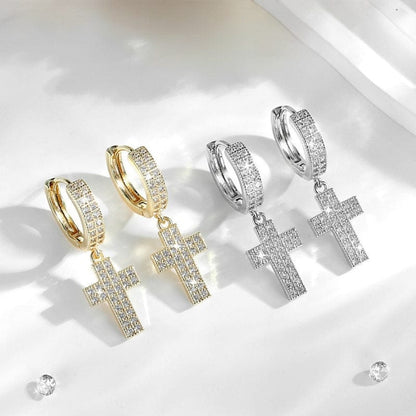 Boucles d'Oreilles Croix Homme - Diamant Pendantes Or et Argent