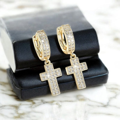 Boucles d'Oreilles Croix Homme - Diamant Pendantes Or et Argent