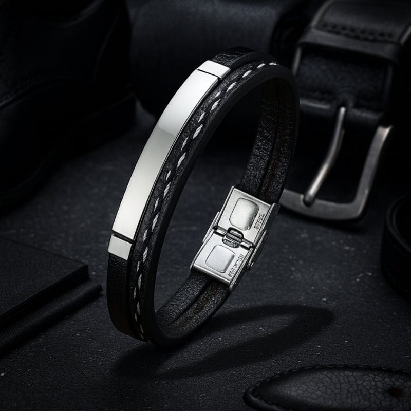 Bracelet Cuir et Acier Personnalisé Homme - Gravure Offerte