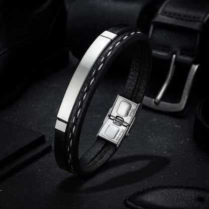 Bracelet Cuir et Acier Personnalisé Homme - Gravure Offerte