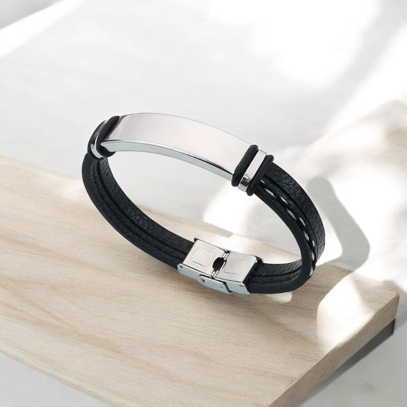 Bracelet Homme Personnalisé Cuir Gravé - Plaque Acier