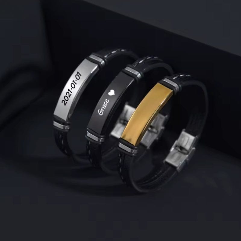 Bracelet Homme Personnalisé Cuir Gravé - Plaque Acier