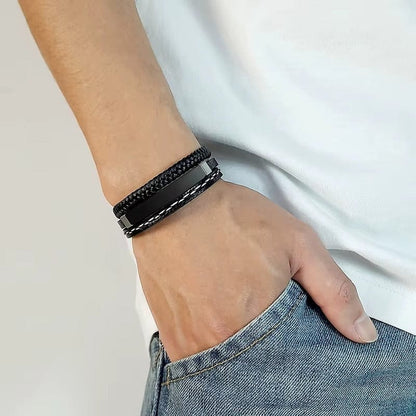 Bracelet Homme Personnalisé Cuir Large - Plaque en Acier