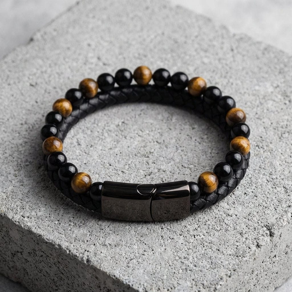 Bracelet en Cuir Tressé et Perles Naturelles