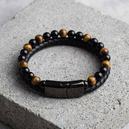 Bracelet en Cuir Tressé et Perles Naturelles