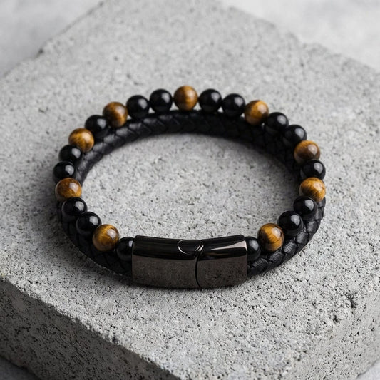 Bracelet en Cuir Tressé et Perles Naturelles