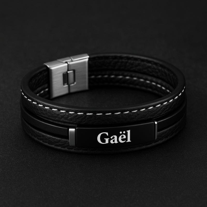 Bracelet Homme Personnalisé Cuir Large - Plaque en Acier
