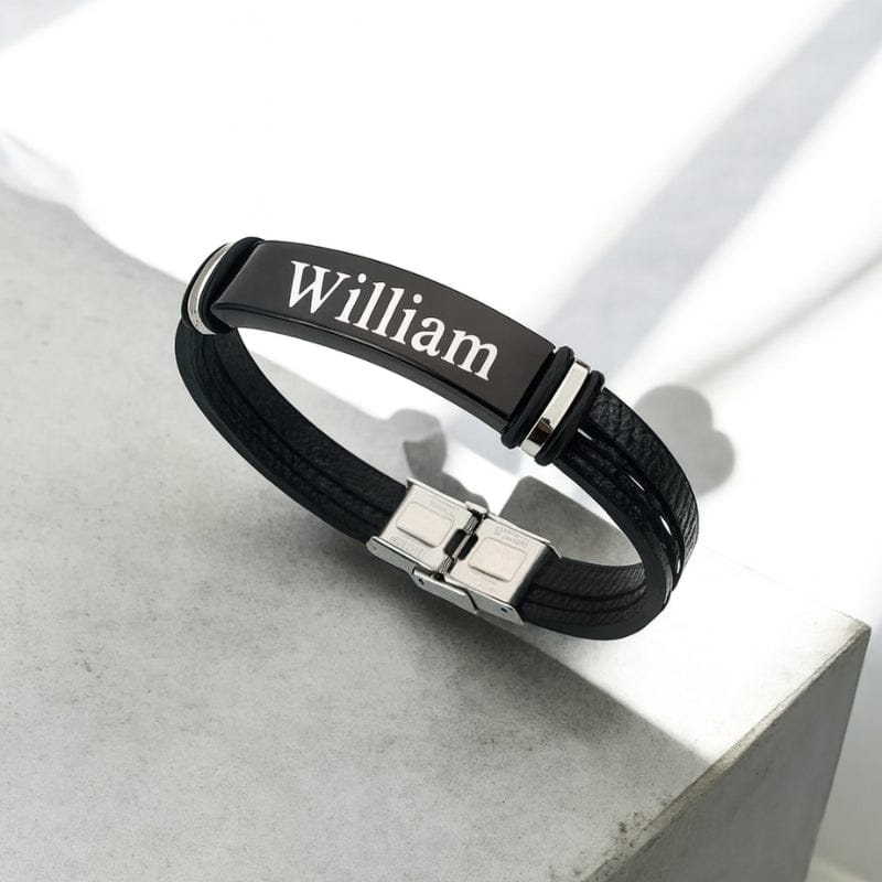 Bracelet Homme Personnalisé Cuir Gravé - Plaque Acier