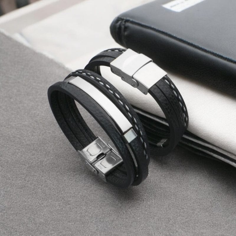 Bracelet Homme Personnalisé Cuir Large - Plaque en Acier