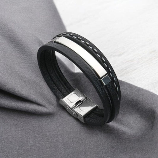 Bracelet Homme Personnalisé Cuir Large - Plaque en Acier
