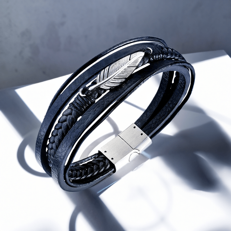 Bracelet Cuir et Plume en Acier