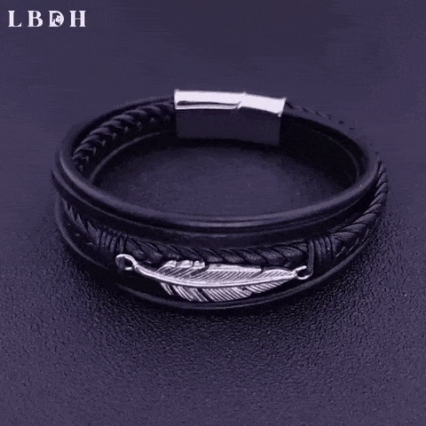 Bracelet Cuir et Plume en Acier