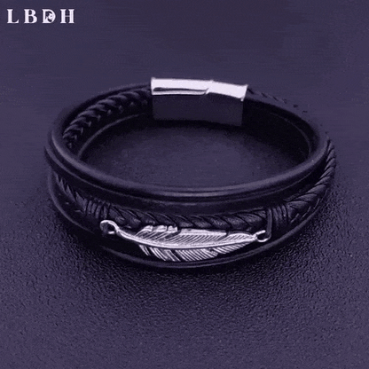 Bracelet Cuir et Plume en Acier