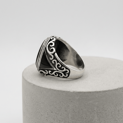 Chevalière Argent Onyx Homme Plateau Ovale