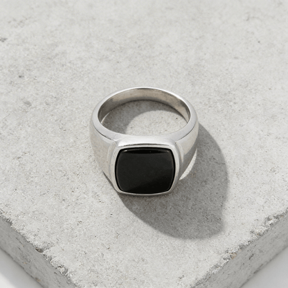 Bague Chevalière Homme Onyx Noir Coussin Acier Inoxydable