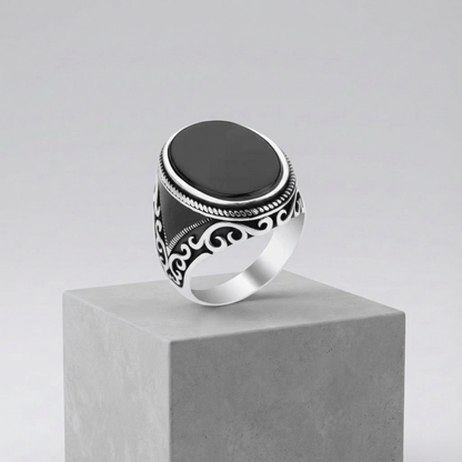 Chevalière Argent Onyx Homme Plateau Ovale
