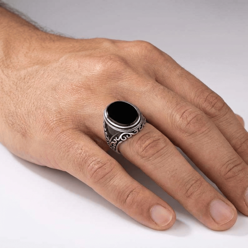 Chevalière Argent Onyx Homme Plateau Ovale
