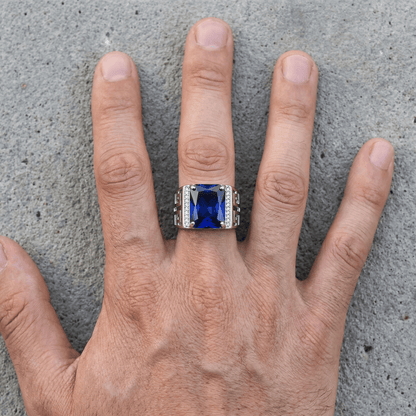 Bague Chevalière Homme Argent Luxe Saphir Bleu