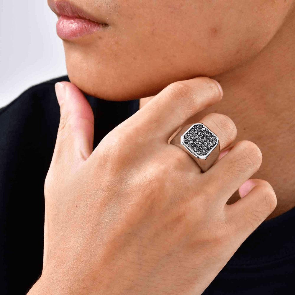 Chevalière pour Homme Luxe Pierres Noires Argent