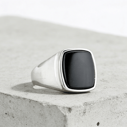Bague Chevalière Homme Onyx Noir Coussin Acier Inoxydable